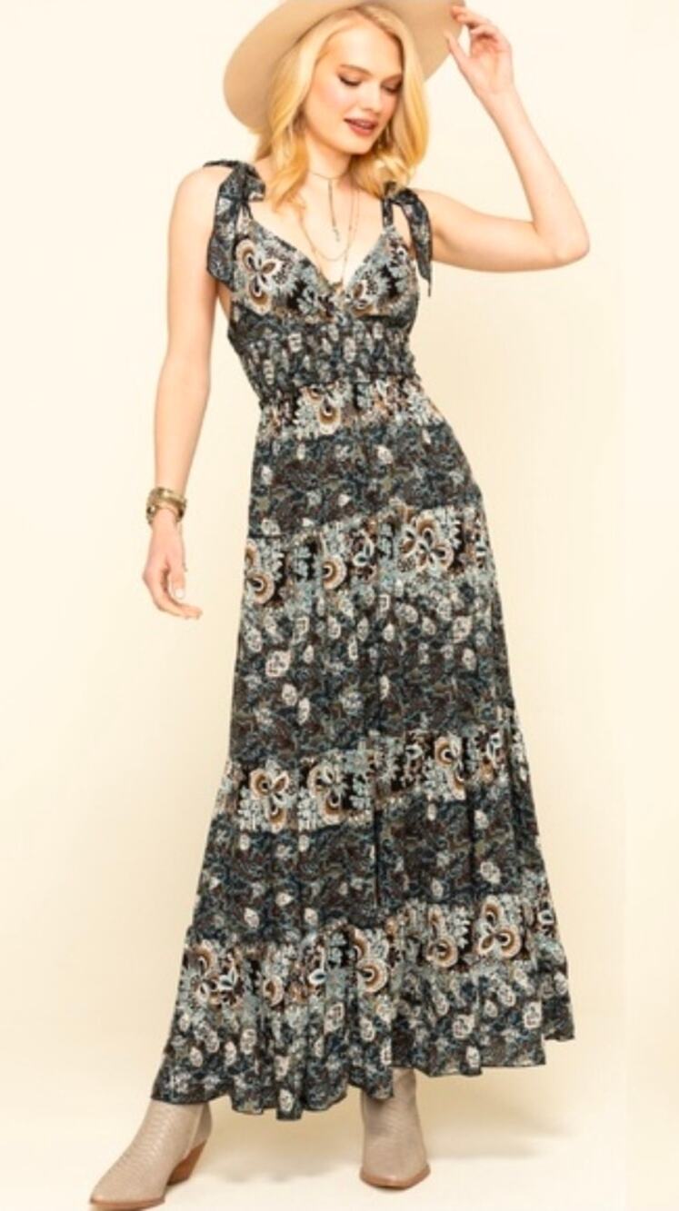 Free People Small Boho Smocked Waist Midi Paisley Dress